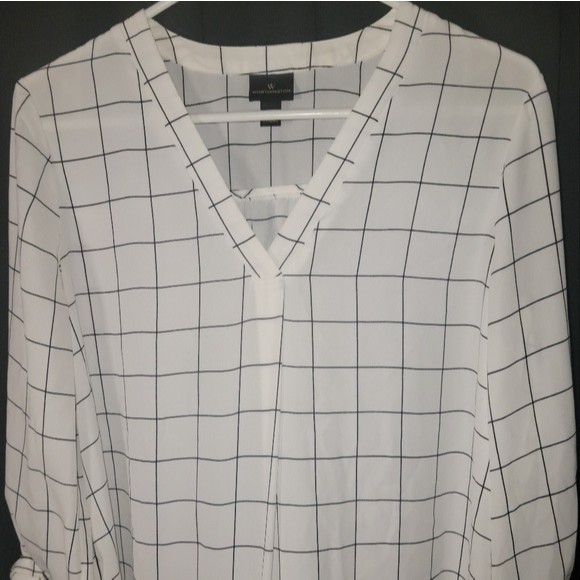 Worthington 3/4 Sleeve w Ties Medium V-Neck White Simple Stripe Polyester Sheer - Picture 4 of 13